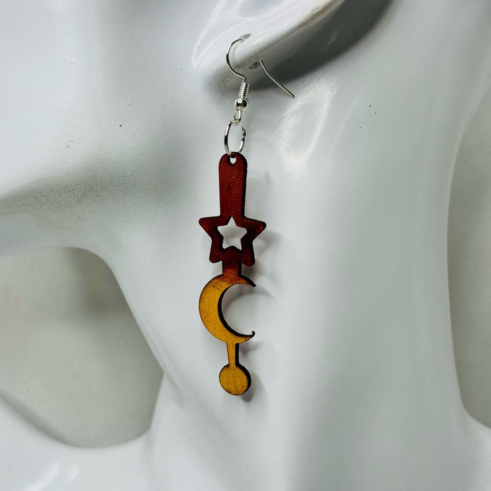 Hand dyed leather earrings long drop star and moon in red and yellows